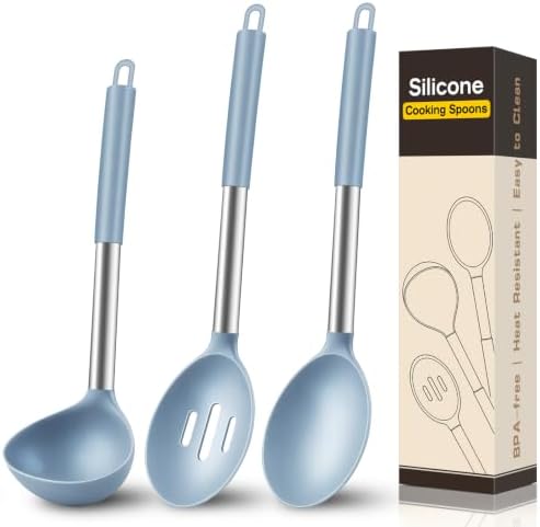 3Pcs Silicone Cooking Spoon Set, Kitchen Utensils Include Solid & Slotted Spoon, Soup Ladle, Food-Grade Heat Resistant 446°F, Non-Scratch Spoons for Serving, Stirring, Draining, Dishwasher Safe, Blue
