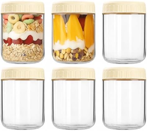 Overnight Oats Containers with Lids, 16oz Wide Mouth Mason Jars with Lids, 6 Pack Glass Jars with Airtight lid for Chia Pudding Yogurt Salad, Meal Prer Oatmeal Jars, Yellow