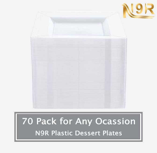 N9R 70PCS 6.5 Inch Square Clear Plastic Plates for Dessert & Appetizer, Durable Disposable Plates for Party, Wedding Events
