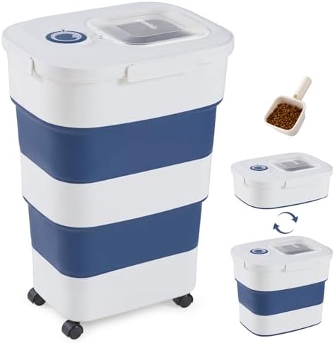 ZOMISIA 40-50lbs Collapsible Dog Food Storage Container with Wheels, Blue