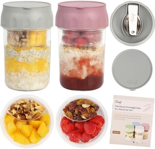 SOLIGT 2 Pack Overnight Oats Containers with Lids (Gray/Rose Pink)