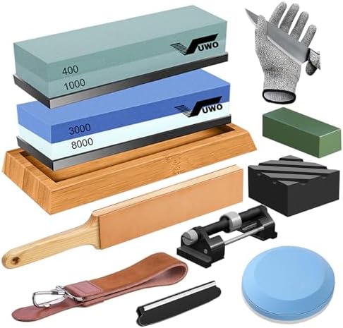 Knife Sharpening Stone Kit - Whetstone Dual Grit 400/1000 3000/8000 Premium Sharpener Set with Leather Strop, Flattening Stone, Honing Guide, Bamboo Base, Angle Guide, Cut Resistant Gloves