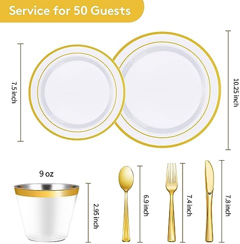 Goodluck 300 Pieces Gold Disposable Dinnerware Set for 50 Guests