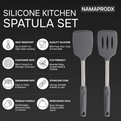 Silicone Spatula Set (2-Pc) - 600°F Heat Resistant, BPA Free, Non-Scratch, Dishwasher Safe I Slotted & Solid Kitchen Spatula Turners I Ideal for Eggs, Pancakes, Fish I Stainless Steel I Gray