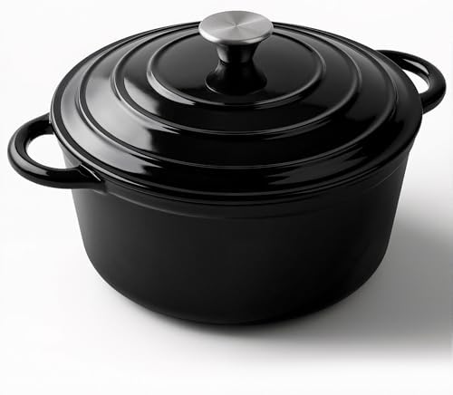 Miereirl 6 Quart Enameled Dutch Oven Pot with Lid, Cast Iron Dutch Oven with Dual Handles for Bread Baking, Cooking, Non-stick Enamel Coated Cookware (Black)