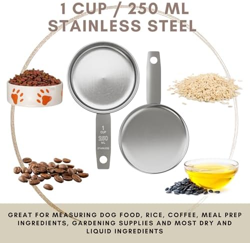 1 Cup Stainless Steel Measuring Cup | Sturdy Metal 250 ml | 240 cc | 8 oz | Single Cup for Wet and Dry Ingredients | Great for use as 1 Cup Dog Food Scoop - 12 PK