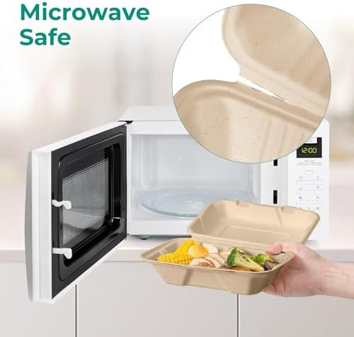 Fit Meal Prep 100 Pack 9x6 Compostable To Go Food Containers, Disposable To Go Boxes for Food, Lunch Boxes, Clamshell Take Out Containers with Lids, Eco Friendly Biodegradable, PFAS-Free, Bagasse