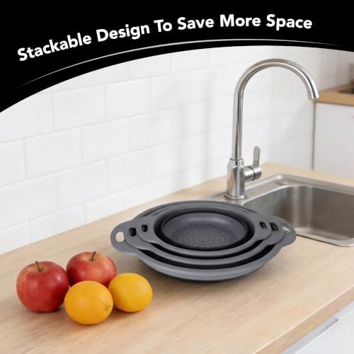 Collapsible Colander Set of 3, Silicone Food Foldable Strainer for Cooking Pasta, Vegetables and Fruit (3QT, 4QT and 5QT), Black