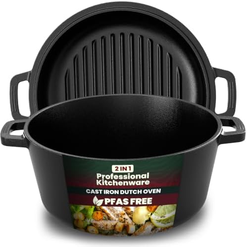 KICHLY Cast Iron Dutch Oven 5 QT with Skillet Lid Pre-Seasoned PFAS-Free