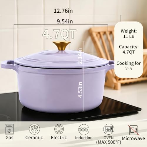 Enameled Cast Iron Dutch Oven with Lid&Silicone Grip, Round Casserole Pot for Bread Baking, Braising, Roasting,Stews,Heavy-Duty Baking Pan,Oven Safe, Induction Compatible (4.7QT,Purple)
