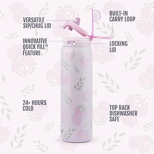 Ello Pop & Fill Insulated Stainless Steel Water Bottle with Quick Fill Lid, Leakproof Locking, Sip or Chug Spout, BPA-Free, Double Wall Vacuum Insulated for Sports, Travel & School- 22oz / 32oz / 40oz