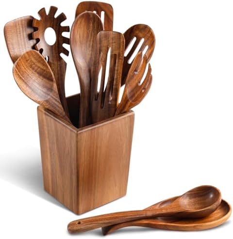 Wooden Spoons for Cooking, 11 Pcs Wood Cooking Utensils Set with Holder, Natural Acacia Wooden Kitchen Tools, Nonstick Cookware, Easy Clean, Kitchen Utensil Set for Mom, Wife Cooking Gifts