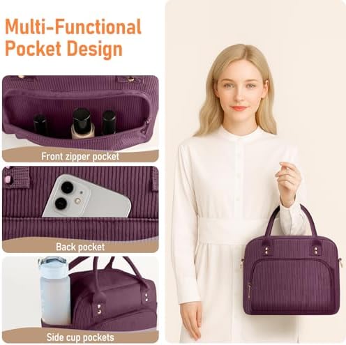 Lunch Bag Large Insulated Lunch Box for Women Men Adult Cute Purple Lunchbox Corduroy Lunch Bags Boxes Pail with Adjustable Shoulder Strap for Work Mom Picnic Office Travel 11.4×6.8×9.1 inches 11.5L