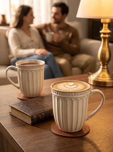 HASENSE Textured Coffee Mugs Set of 4, 16 Oz Ribbed Ceramic Cups with Large Handle for Latte Tea Cappuccino, Stackable Embossed Mugs for Everyday Use, Microwave & Dishwasher Safe, Creamy Beige