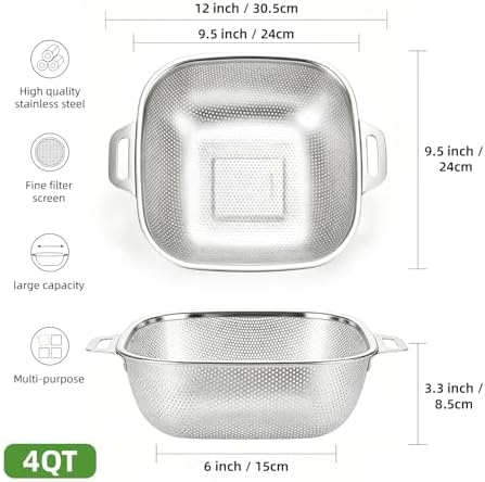 4QT stainless steel filter pot with handle - square metal kitchen filter, used for draining spaghetti and vegetables, microporous high foot, dishwasher washable, gift box packaging (4QT)