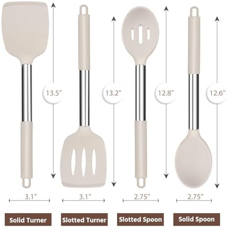 E-far Cooking Utensils Set of 4, Silicone Kitchen Utensils for Non-stick Cookware, Heat Resistant & Non-toxic Slotted Spatula Solid Spoon Turner for Flipping Mixing Serving Basting(Khaki)