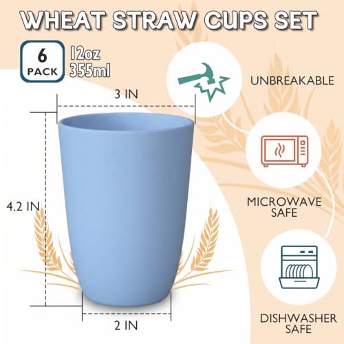 Wrova Wheat Straw Cups 6 PCS Good Alternative to Plastic Reusable Cups 12 oz Unbreakable Drinking Cup Reusable Dishwasher Safe Water Plastic Glasses Light Blue