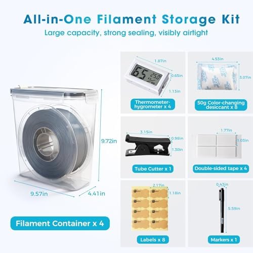 Filament Storage Box - 6 Pack 4L 3D Printer Filament Containers with 6 Hygrometers, Airtight Dry Boxes for Sealing and Protection, Water-Proof & Dust-Proof, Reusable Desiccant, Tube Cutter