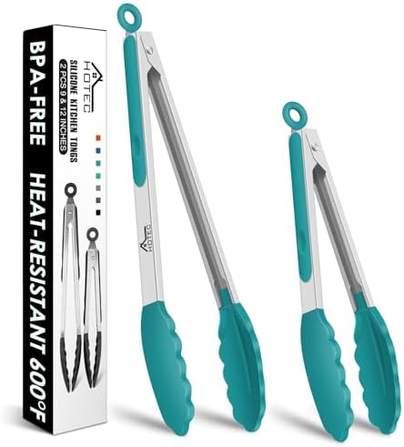 HOTEC Premium Stainless Steel Locking Kitchen Tongs with Silicon Tips, Set of 2-9" and 12", Turquoise