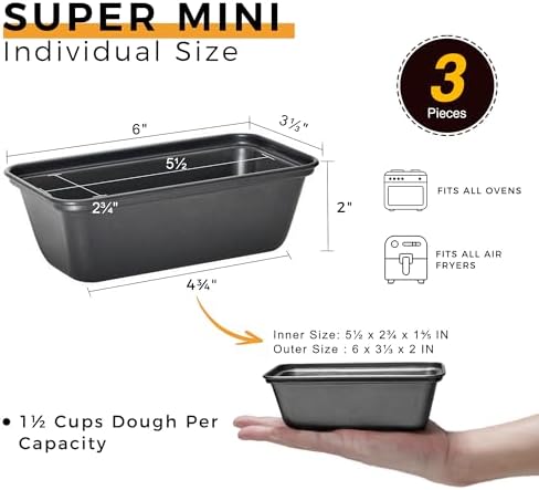 HONGBAKE Mini Loaf Pan for Baking Bread, 6 x 3.3 x 2 In Nonstick Small Banana Bread Tins Set of 3, Tiny Carbon Steel Meatloaf Pan - Dark Grey