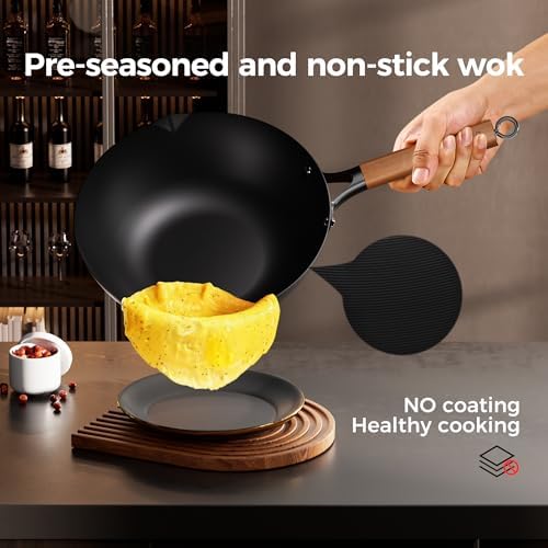 Sanho 12 Inch Carbon Steel Wok Pan, 4QT Woks & Stir-Fry Pans Nonstick with Lid, No Seasoning Required & 0 Coating, Compatible with All Cooktops & Utensils for Stir Fry, Pan-Fry, Steam, Camping