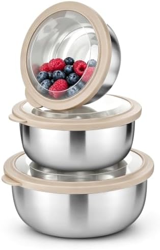 P&P CHEF Mixing Bowls with Lids Set of 3, Khaki Stainless Steel Salad Bowl