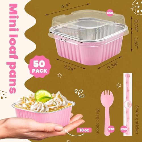 NPLUX 50 Pcs Mini Square Baking Cups with Lids and Spoons Aluminum Foil Mini Cake Pans with Lids Disposable Ramekins Cake Pans Dessert Cups for Wedding Birthday Party(Pink,10oz) (Pack of 2)