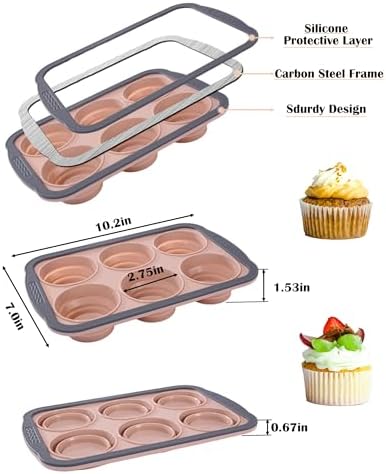 Silicone Muffin Pan for Baking with Metal Frame， Nonstick Cupcake Pan, 6 Cup Baking Pan for Cupcake, Tarts, Egg Bites(6 Cup Pink)