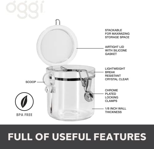 Oggi 4pc Clear Canister Set with Clamp Lids Airtight Containers in Sizes Ideal for Kitchen & Pantry Storage of Bulk, Dry Foods Including Flour, Sugar, Coffee, Rice, Tea, Spices & Herbs (Pack of 3)