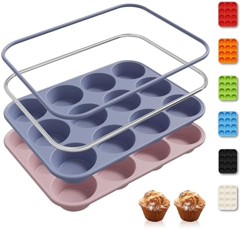 2 Pack 12 Cups Silicone Muffin Pan with Metal Reinforced Frame Regular Size Silicone Molds Cupcake Cake Baking Pans Baking Mold Best Baking Pans Tart Pan Sheet Set Reusable Cupcake Liners