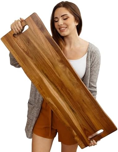 Large Acacia Serving Board with Handles, 36 x 12 Inch Rectangular Charcuterie Platter, Natural Wood Server for Meat, Cheese Board, and Party Appetizers, Extra Long 3ft, Light