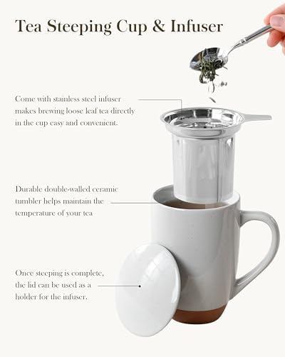MALACASA Ceramic 18 oz Tea Mug with Lid and Infuser, Khaki Gray
