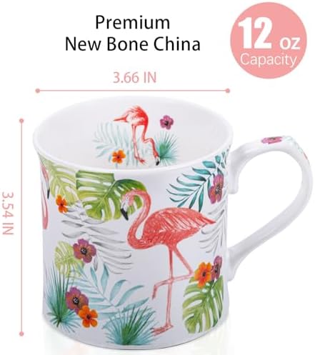 Flamingo Coffee Mug, Pink Flamingo & Tropical Plants Ceramic Mug, 12oz New Bone China Tea Mug, Birthday & Summer Gift for Women & Girls, Designed in England by Harvest Green Studio
