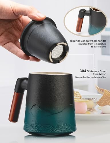 suyika Tea Cup with Infuser and Lid, Gradient Black & Blue, 15.2oz /450ml