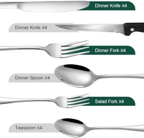 24-Piece Silver Silverware Set with Steak Knives Black Stainless Steel Flatware Set for 4 Food Grade Tableware Cutlery Set Rust-proof, Mirror Polished, Dishwasher Safe