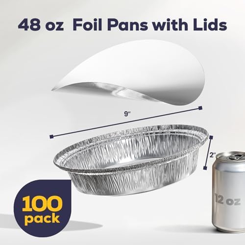 Fit Meal Prep 100 Pack 9” Round Aluminum Foil Pans with Lids, Pie Tins Disposable 9 inch with Lids, Take Out Containers, Freezer Oven Safe Aluminum Baking Pans for Storing, Cooking, Storage, Reheating