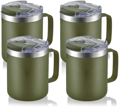 12oz Stainless Steel Insulated Coffee Mug with Handle, Double Wall Vacuum Tumbler Cup with Fliping Lid, Army Green, 4 Pack