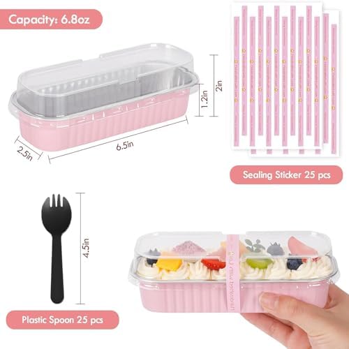 YQER 25 Pack Mini Cake Pans with Lids and Spoons, 6.8 oz Pink Disposable Aluminum Foil Mini Loaf Pans with Stickers, Individual Small Dessert Cake Tins Containers for Small Batch Baking, Parties Treat