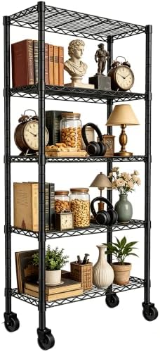 REGILLER 5-Wire Shelving Metal Storage Rack Adjustable Shelves,Standing Storage Shelf Units for Laundry Bathroom Kitchen Pantry Closet(Black,14.1" D x 30" W x 82" H,With Wheels)