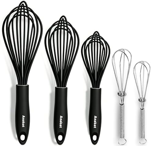Anaeat Kitchen Whisk Set of 5, Perfect for Non-Stick Cookware, Egg Beater Milk Blender for Whisking, Cooking, Baking - 5"+7" Mini Wire Whisk and 9''+11''+12'' Silicone Balloon Whisks (Black)