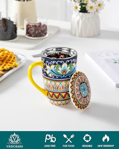 vancasso Ceramic Tea Mug with Infuser and Lid, 18 Ounce Bohemian Loose Leaf Cup, Microwave & Dishwasher Safe, Perfect for Tea, Coffee, Beige-Mustard Tribe
