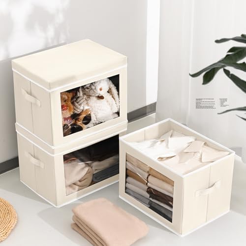 Homsorout Storage Bins with Lids, 4 Pack Large Storage Cubes with Window, Closet Bins with Lids & Handles, Fabric Box for Organizing Clothes, Towels, Books, Beige