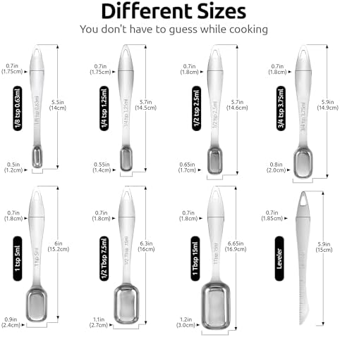 U-Taste Narrow Square Measuring Spoons, Metal Measure Set of 8 with Leveler