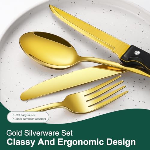 24-Piece Gold Silverware Set with Steak Knives Black Stainless Steel Flatware Set for 4 Food Grade Tableware Cutlery Set Rust-proof, Mirror Polished, Dishwasher Safe