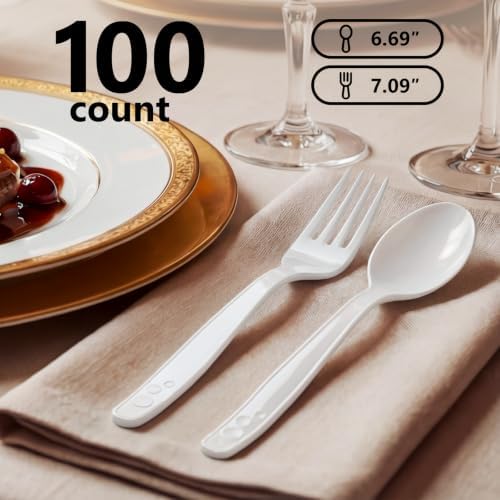 SACATR 100 Count White Plastic Silverware Heavy Duty -Forks,Spoons