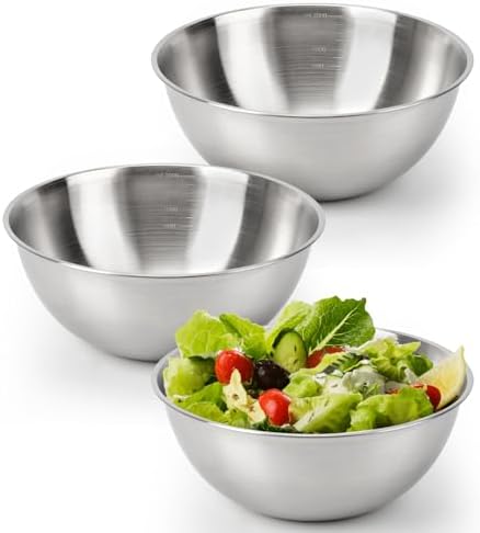 3-Piece Stainless Steel Mixing Bowls (2.2Qt) Metal Bowl Set with Measurement Marks, Dishwasher Safe & Stackable - For Baking, Salad Making, Meal Prep