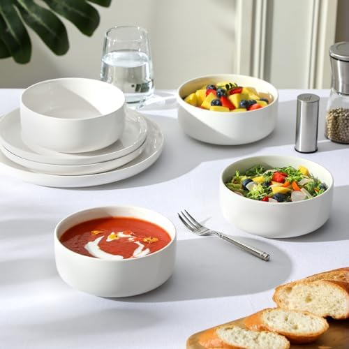MALACASA 24 OZ Ceramic Bowls Set of 4, White Bowls for Soup Oatmeal