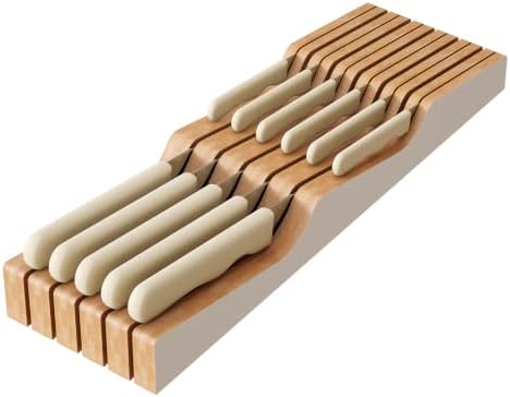 In-Drawer Knife Block Organizer - Bamboo Wood Drawer Knife Organizer-Protecting Knife Organizer Block (Not Included) (White, 11 Knives Dock)