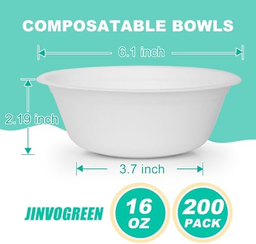 JINVOGREEN 200 Count 16 oz Compostable Paper Bowls Disposable, White