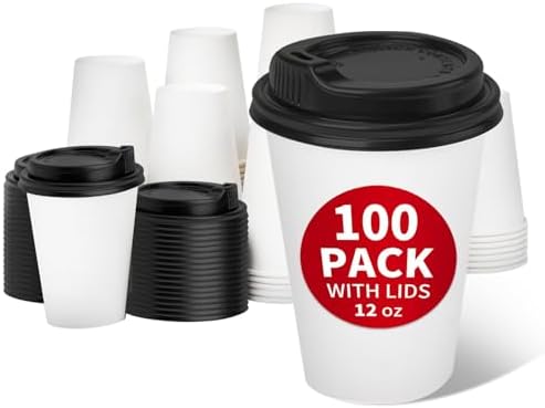 RACETOP Disposable Paper Coffee Cups with Lids, 12 oz, 100 Pack